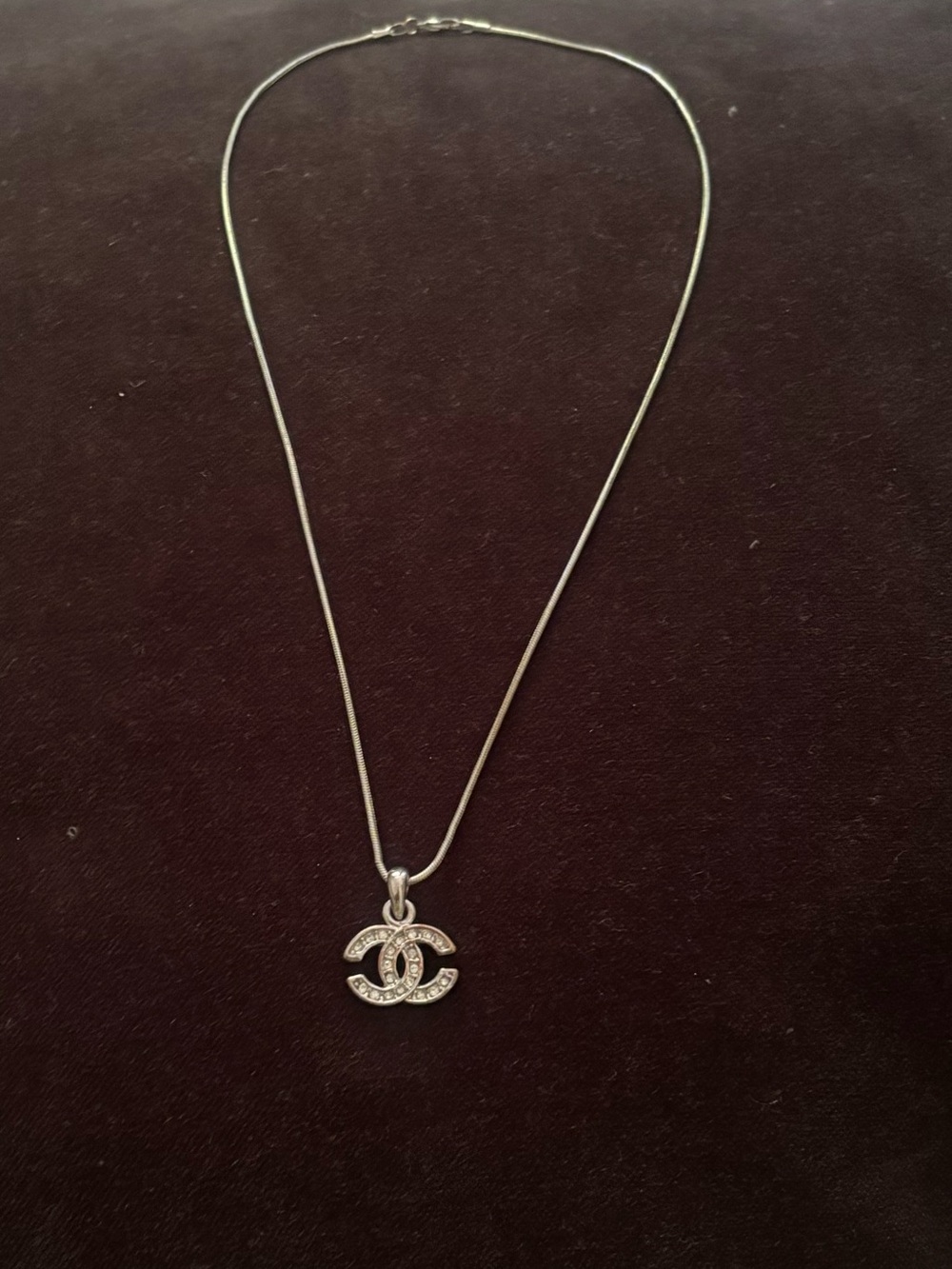 chanel Silver CC Logo Pendant Necklace
